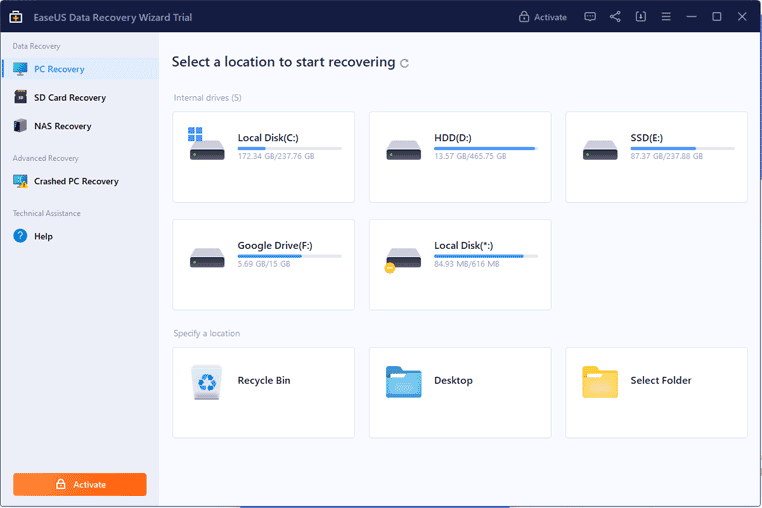 Hauptbildschirm EaseUS Data Recovery Wizard