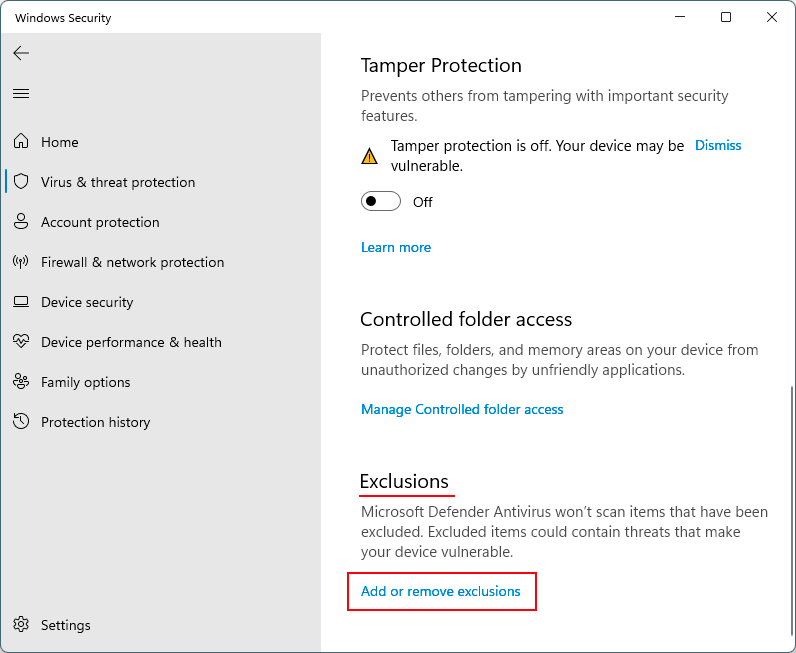 Ausnahmen in Windows Defender 11