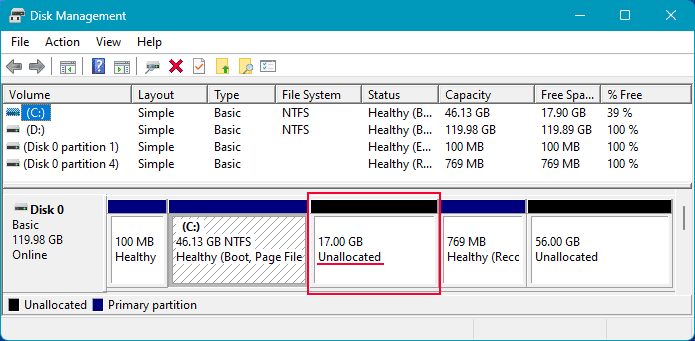 Nicht zugeordneter Speicherplatz in der Windows 11 Datenträgerverwaltung Nicht zugeordneter Speicherplatz in der Windows 11 Datenträgerverwaltung