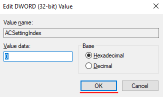 Den Wert 0 für ACSettingIndex setzen