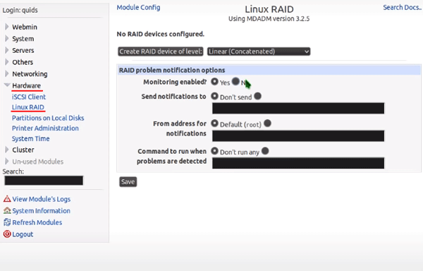 RAID-Menü in Webmin auswählen RAID-Menü in Webmin auswählen
