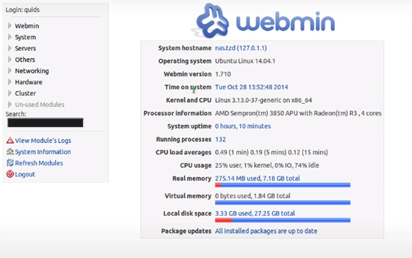 Webmin Hauptfenster Webmin Hauptfenster