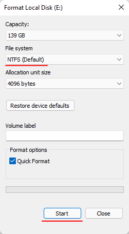 Auswahl des Dateisystems des Laufwerks