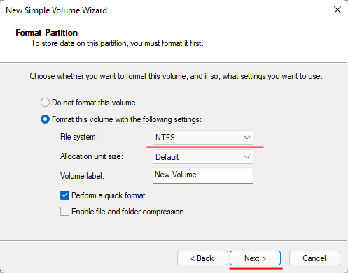 Wählen Sie das Dateisystem für das neue Volume