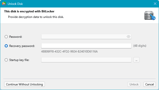Provide a password or the 48-digit recovery key