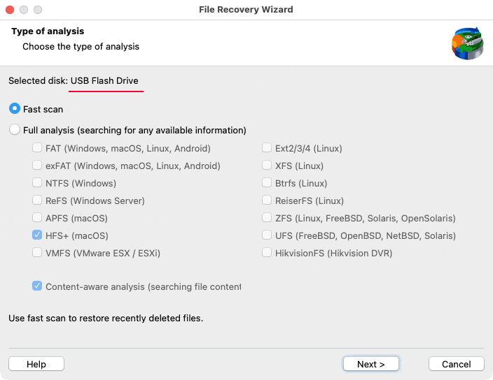 Scan-Typ auswählen – Dateien von USB unter macOS wiederherstellen
