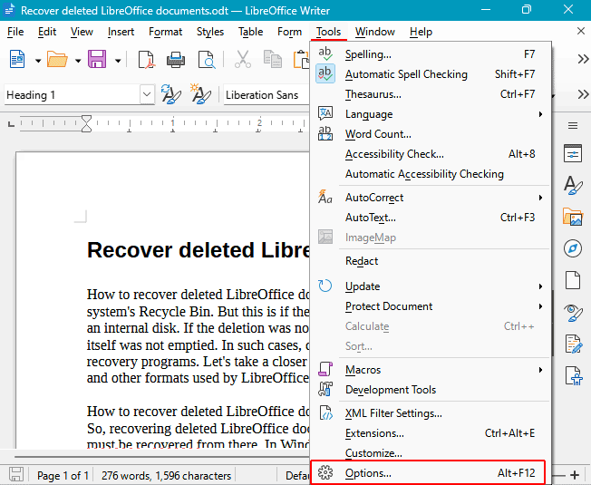 Wiederherstellung nicht gespeicherter LibreOffice-Dokumente