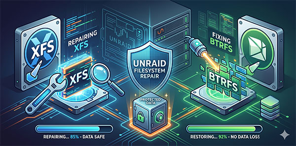 Sichere Wiederherstellung beschädigter XFS- und Btrfs-Dateisysteme in Unraid