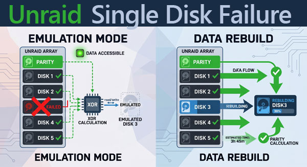 Unraid — Ausfall einer einzelnen Festplatte: Datenrettung, Emulation und Parity‑Wiederaufbau