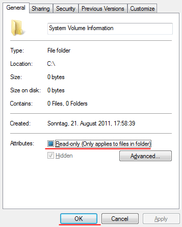 System Volume Information properties