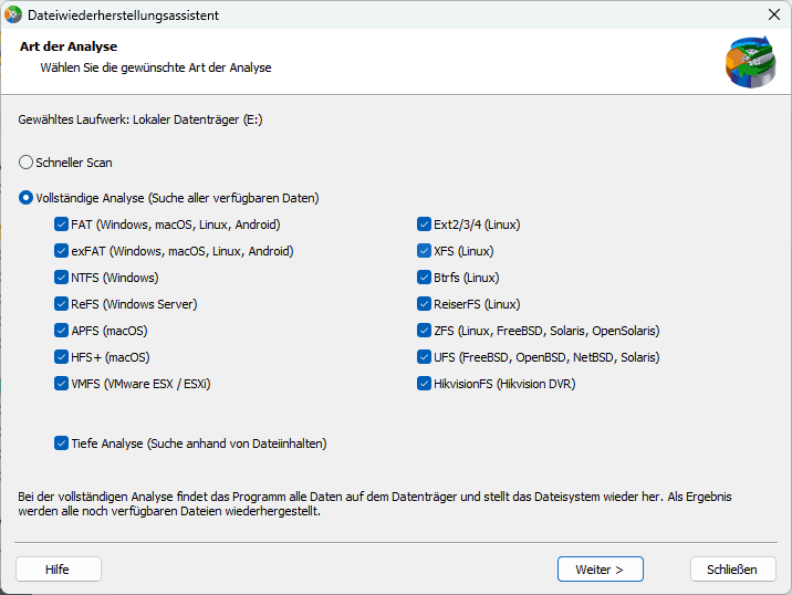 RS Partition Recovery - select the type of analysis